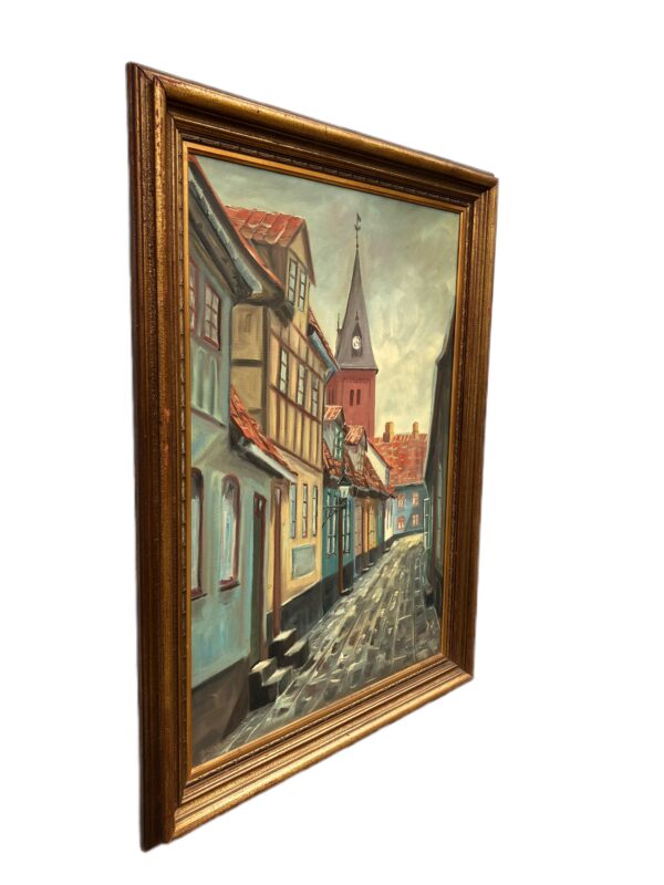 Large Danish Town Street Scene, Original Vintage Oil Painting, European Decor
