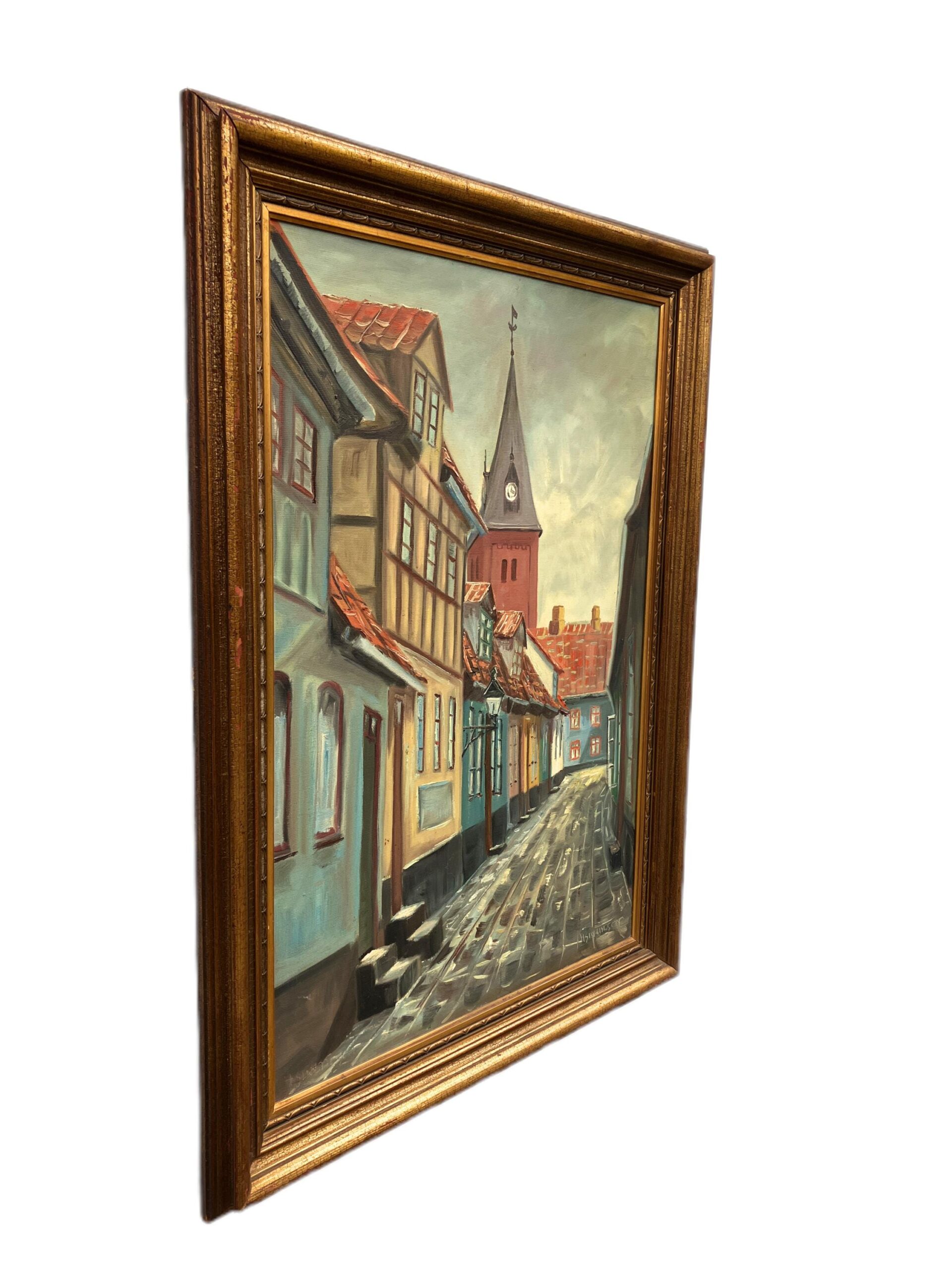 Large Danish Town Street Scene, Original Vintage Oil Painting, European Decor - Image 5