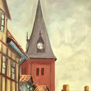 Large Danish Town Street Scene, Original Vintage Oil Painting, European Decor - Image 9