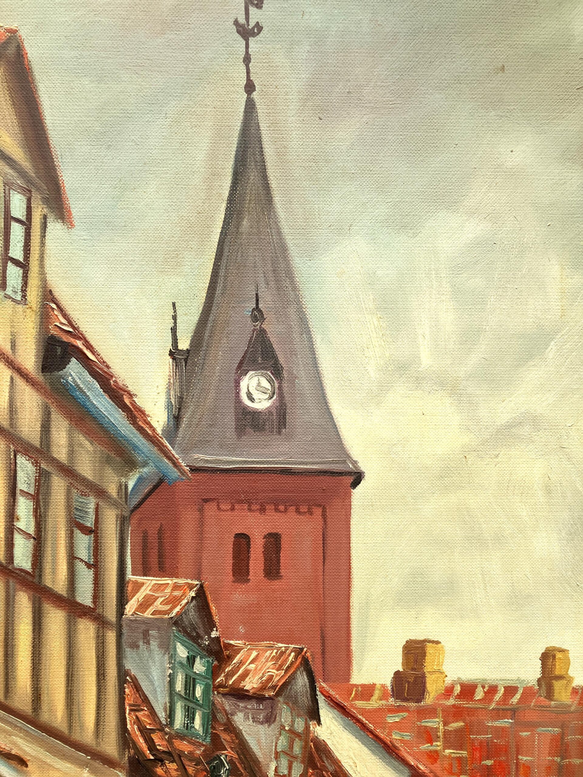 Large Danish Town Street Scene, Original Vintage Oil Painting, European Decor - Image 9
