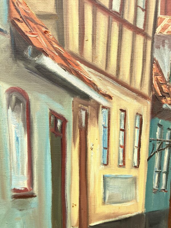 Large Danish Town Street Scene, Original Vintage Oil Painting, European Decor