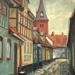 Large Danish Town Street Scene, Original Vintage Oil Painting, European Decor - Image 4