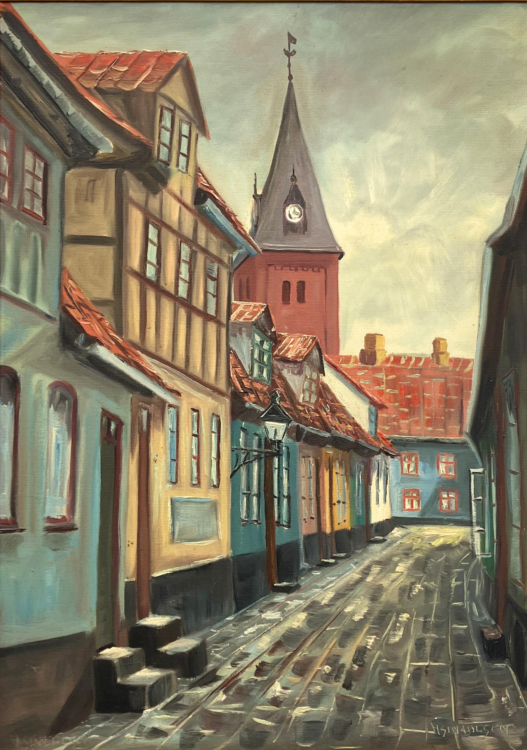 Large Danish Town Street Scene, Original Vintage Oil Painting, European Decor - Image 4