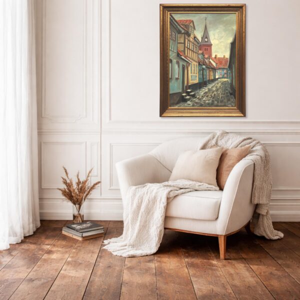 Large Danish Town Street Scene, Original Vintage Oil Painting, European Decor