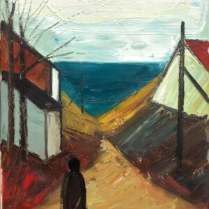 Coastal Village Scene, Vintage Oil Painting, Scandinavian Coastal Decor - Image 3