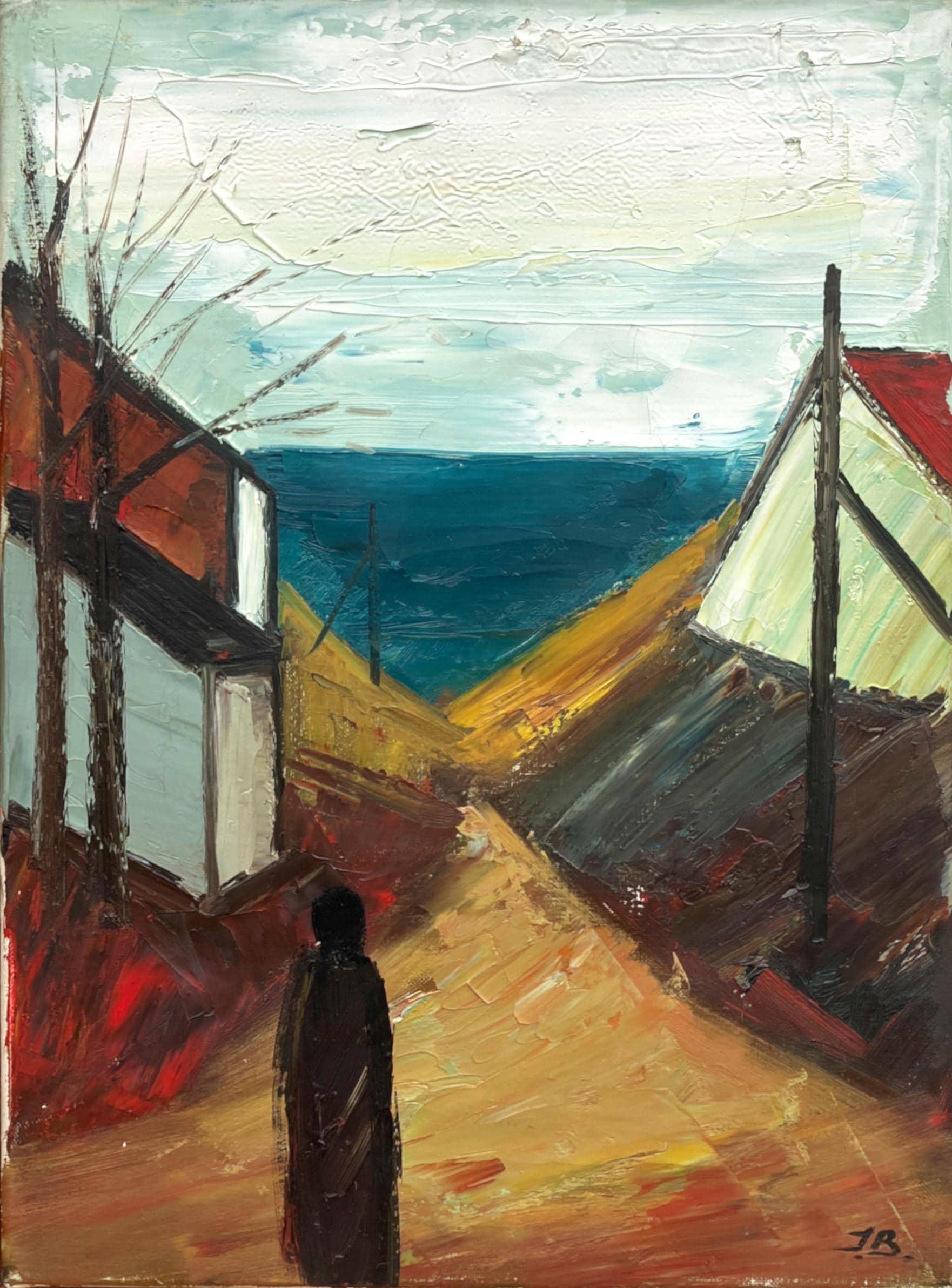 Coastal Village Scene, Vintage Oil Painting, Scandinavian Coastal Decor - Image 3