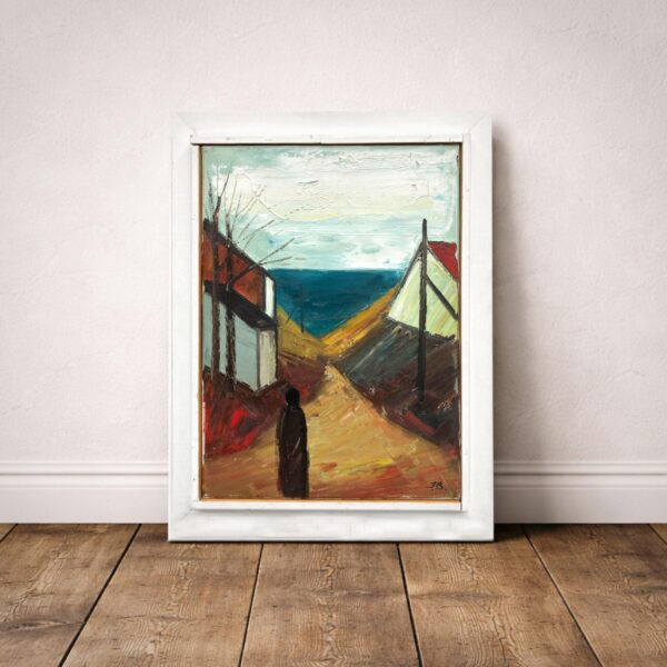 Coastal Village Scene, Vintage Oil Painting, Scandinavian Coastal Decor