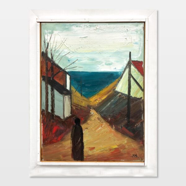 Coastal Village Scene, Vintage Oil Painting, Scandinavian Coastal Decor