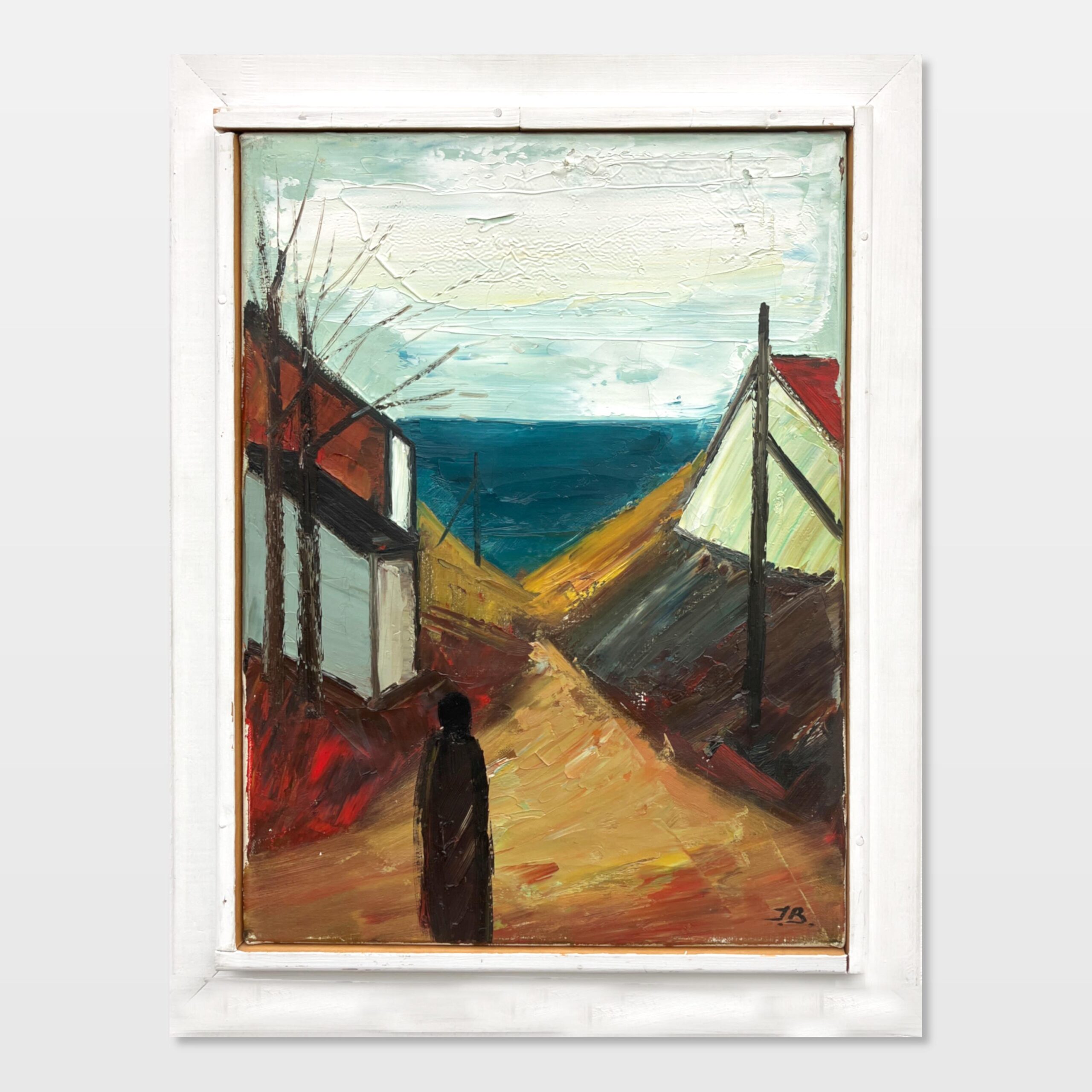 Coastal Village Scene, Vintage Oil Painting, Scandinavian Coastal Decor - Image 1