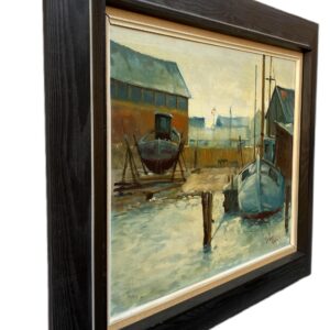 Fishing Boats Harbor Painting, Oil on Canvas, Scandinavian 1960s - Image 4