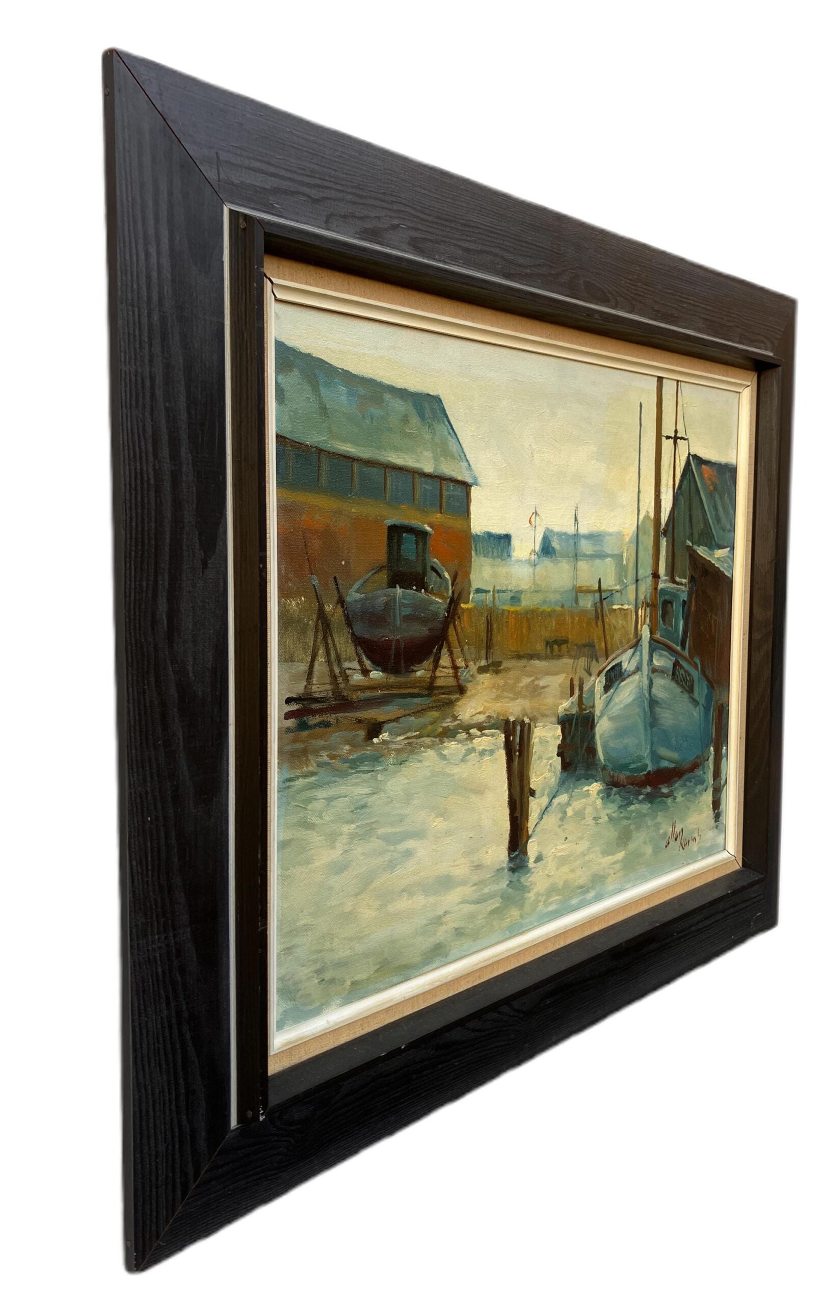 Fishing Boats Harbor Painting, Oil on Canvas, Scandinavian 1960s - Image 4