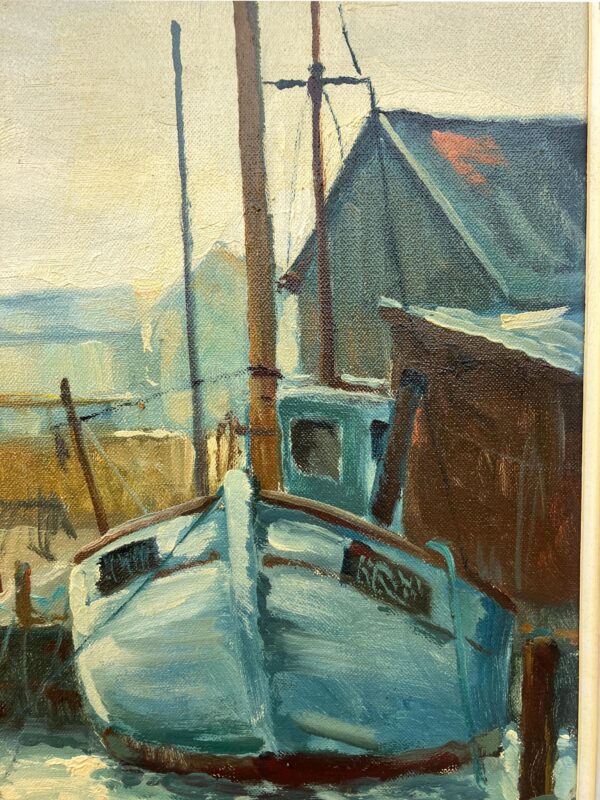 Fishing Boats Harbor Painting, Oil on Canvas, Scandinavian 1960s