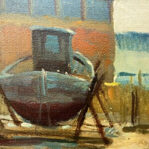 Fishing Boats Harbor Painting, Oil on Canvas, Scandinavian 1960s - Image 6