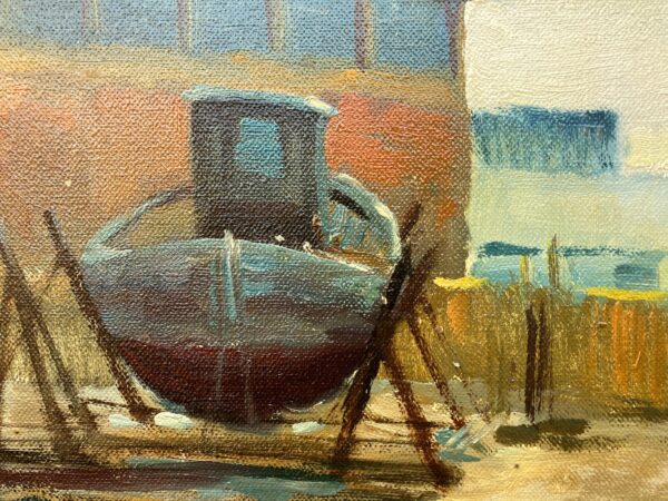 Fishing Boats Harbor Painting, Oil on Canvas, Scandinavian 1960s