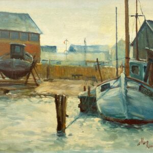Fishing Boats Harbor Painting, Oil on Canvas, Scandinavian 1960s - Image 3