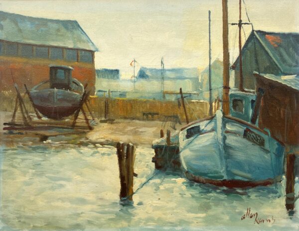Fishing Boats Harbor Painting, Oil on Canvas, Scandinavian 1960s