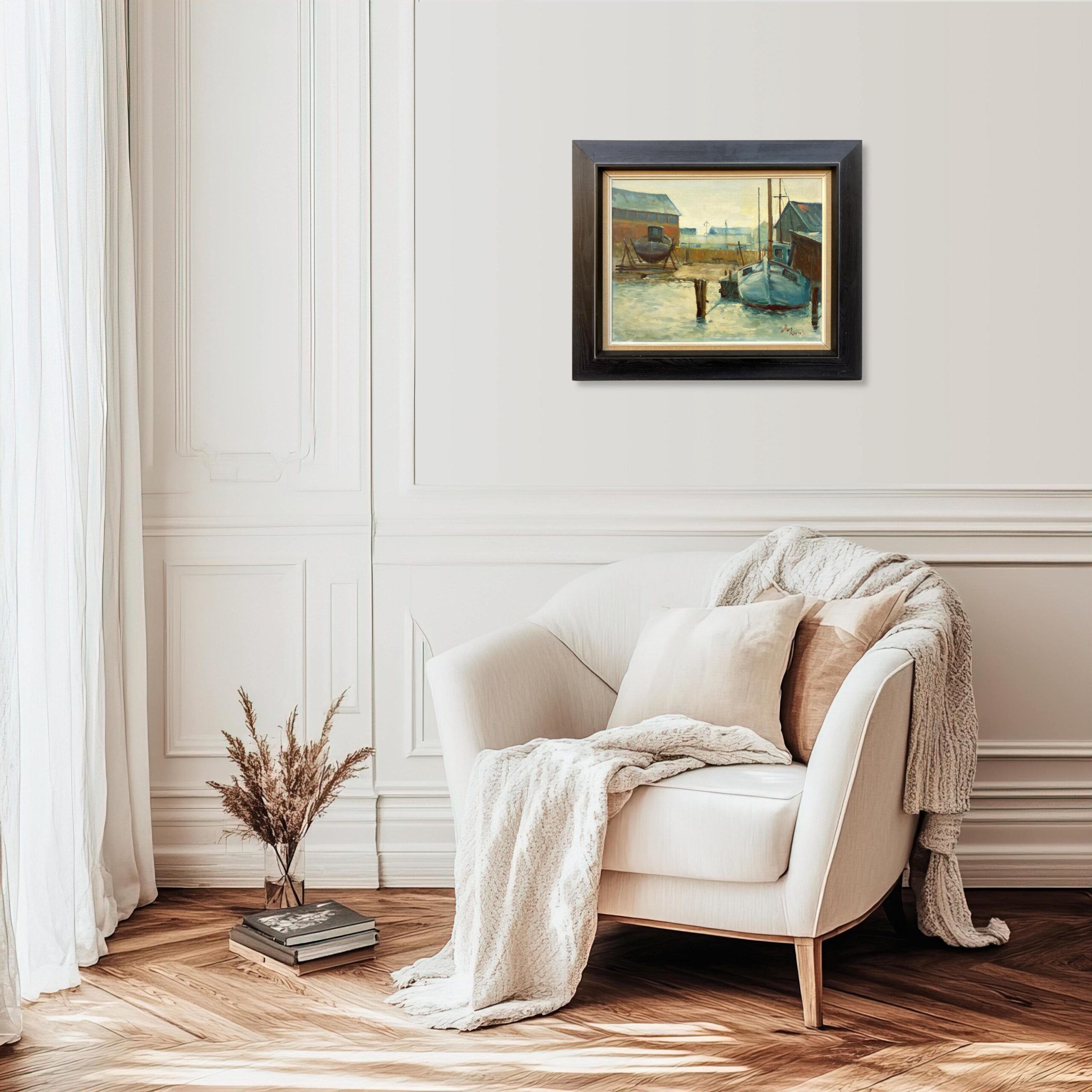 Fishing Boats Harbor Painting, Oil on Canvas, Scandinavian 1960s - Image 2