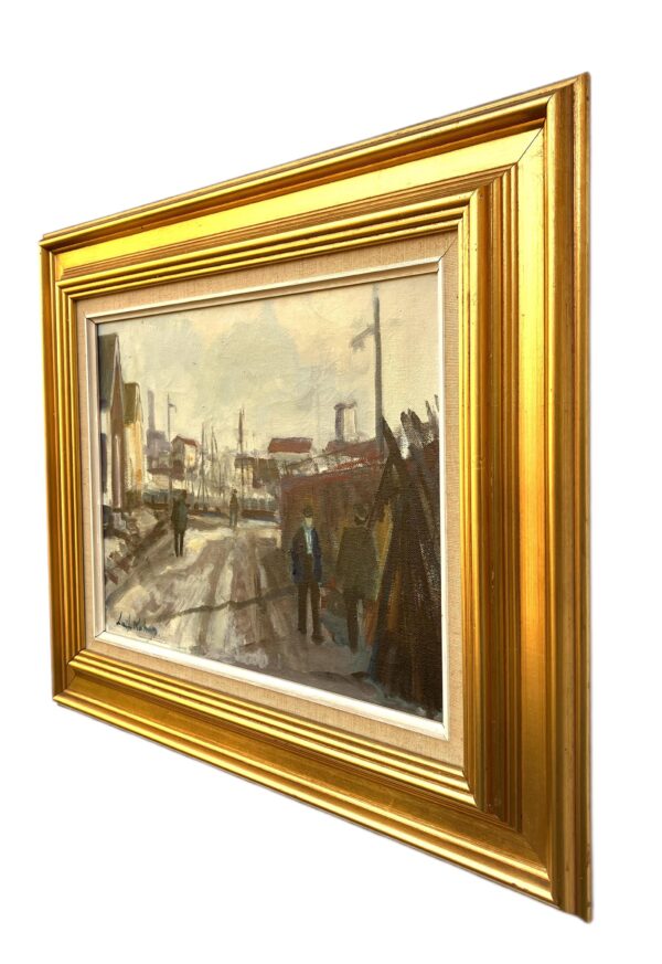 Harbor Scene Oil Painting, Danish Fishing Harbor with Figures, 1970s