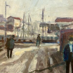 Harbor Scene Oil Painting, Danish Fishing Harbor with Figures, 1970s - Image 6