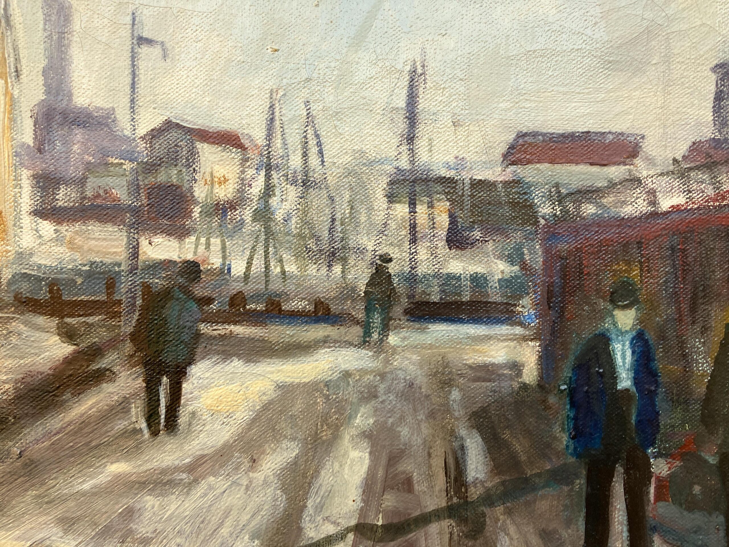 Harbor Scene Oil Painting, Danish Fishing Harbor with Figures, 1970s - Image 6
