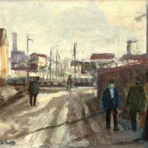 Harbor Scene Oil Painting, Danish Fishing Harbor with Figures, 1970s - Image 5