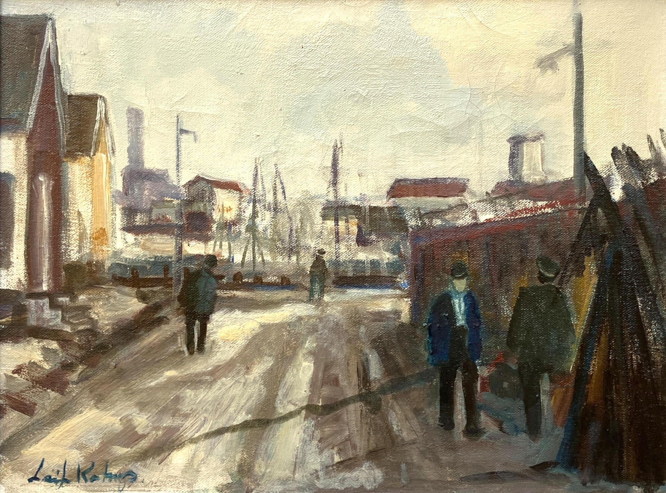 Harbor Scene Oil Painting, Danish Fishing Harbor with Figures, 1970s - Image 5