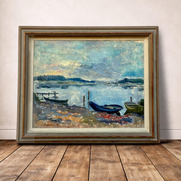 Large Coastal Seascape with Boats, Vintage Oil Painting, Scandinavian Coastal Decor