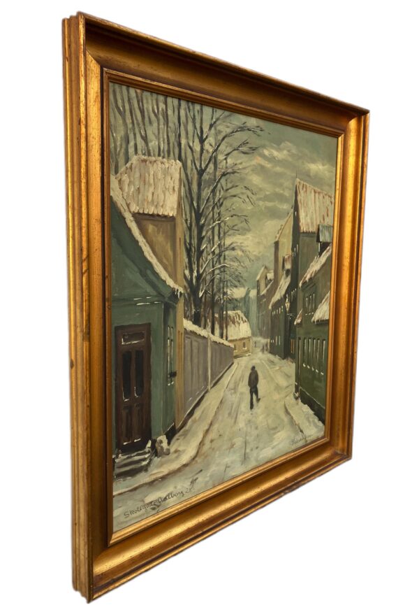 Scandinavian Street Scene Painting – Aalborg 1928 Skolegade – Danish Vintage Oil Painting