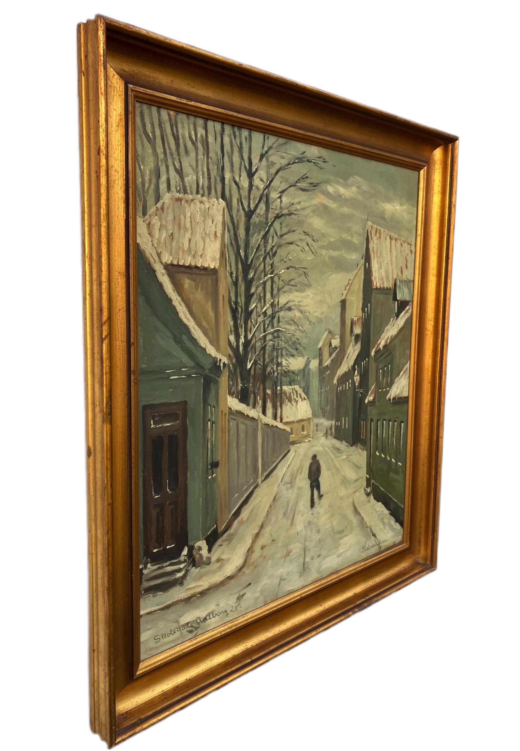 Scandinavian Street Scene Painting – Aalborg 1928 Skolegade – Danish Vintage Oil Painting - Image 3