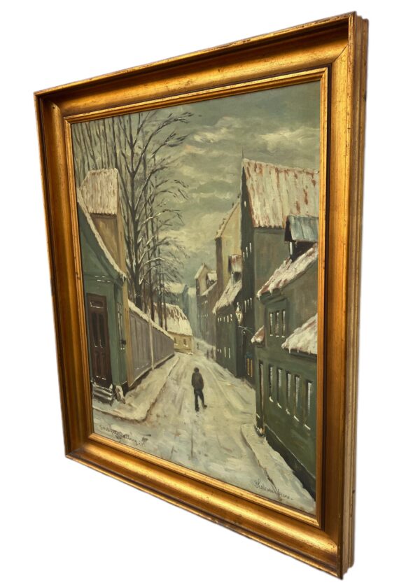 Scandinavian Street Scene Painting – Aalborg 1928 Skolegade – Danish Vintage Oil Painting