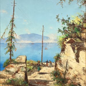 Large Capri Italy Coastal Scene with Figures, Vintage Oil Painting, European Decor - Image 6