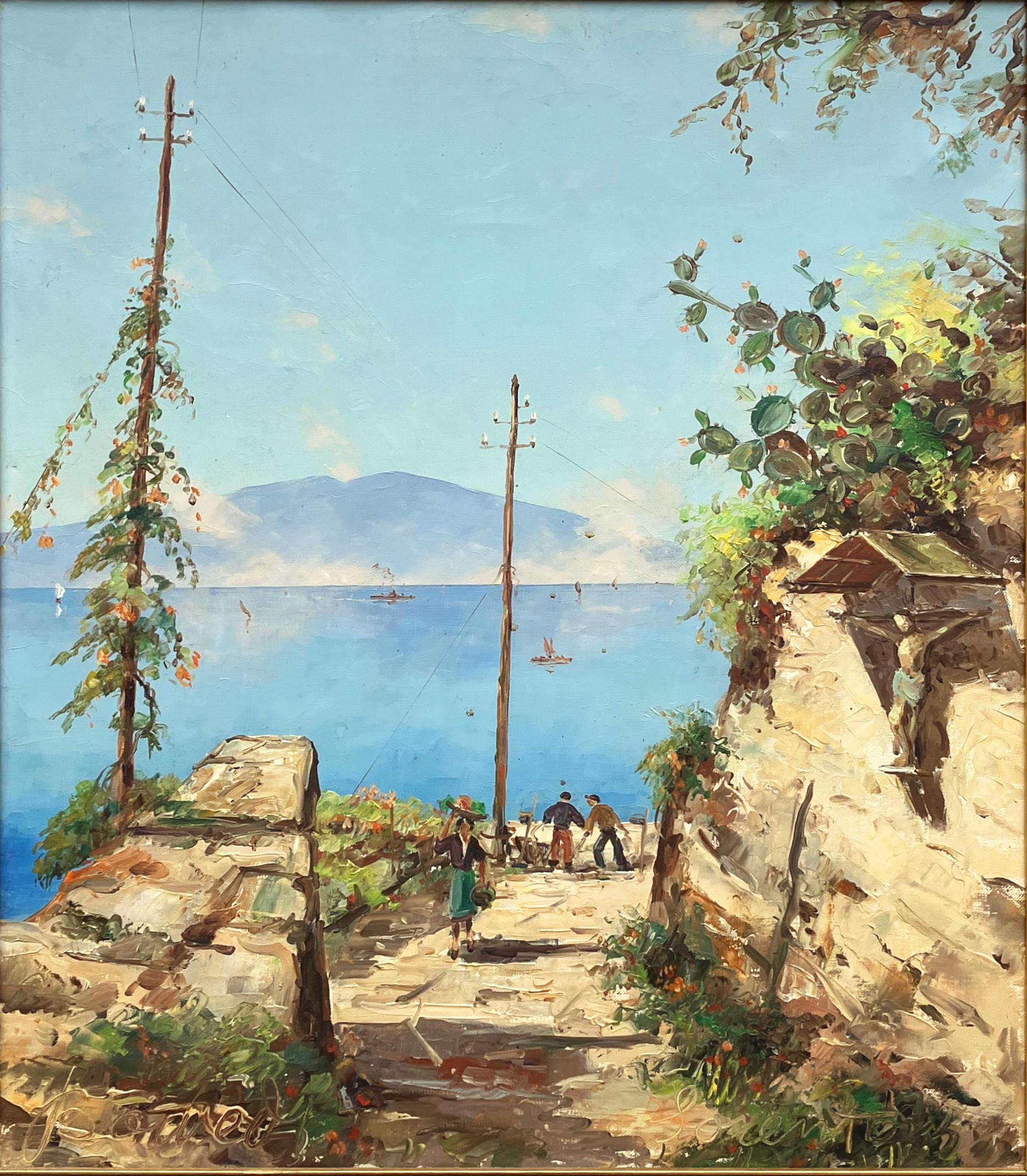 Large Capri Italy Coastal Scene with Figures, Vintage Oil Painting, European Decor - Image 6
