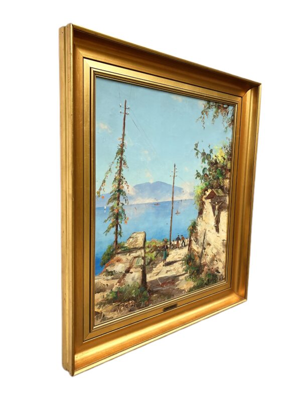 Large Capri Italy Coastal Scene with Figures, Vintage Oil Painting, European Decor