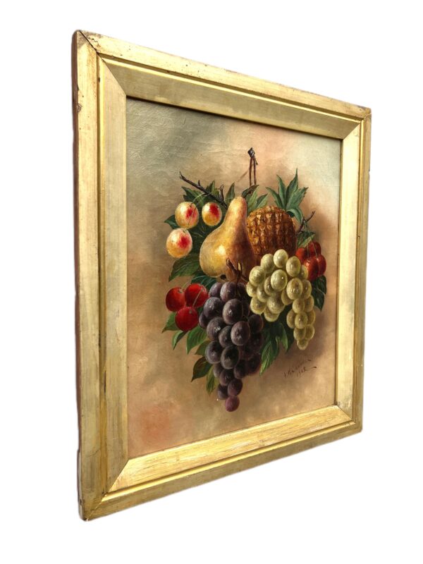 Antique European Fruit Still Life Oil Painting – Grapes, Pear, Cherries, Pineapple 1908