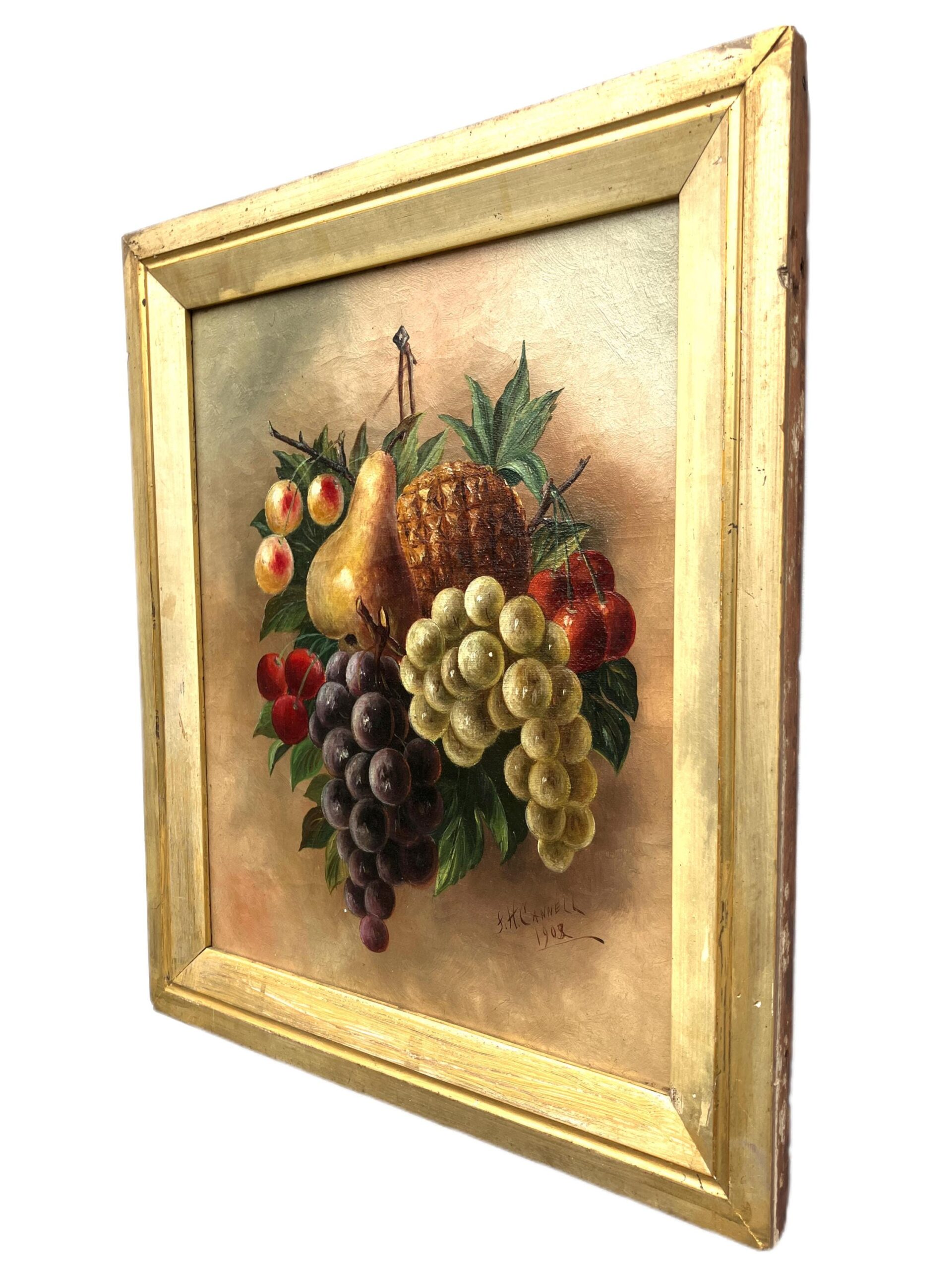 Antique European Fruit Still Life Oil Painting – Grapes, Pear, Cherries, Pineapple 1908 - Image 10