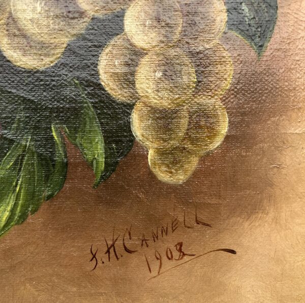 Antique European Fruit Still Life Oil Painting – Grapes, Pear, Cherries, Pineapple 1908