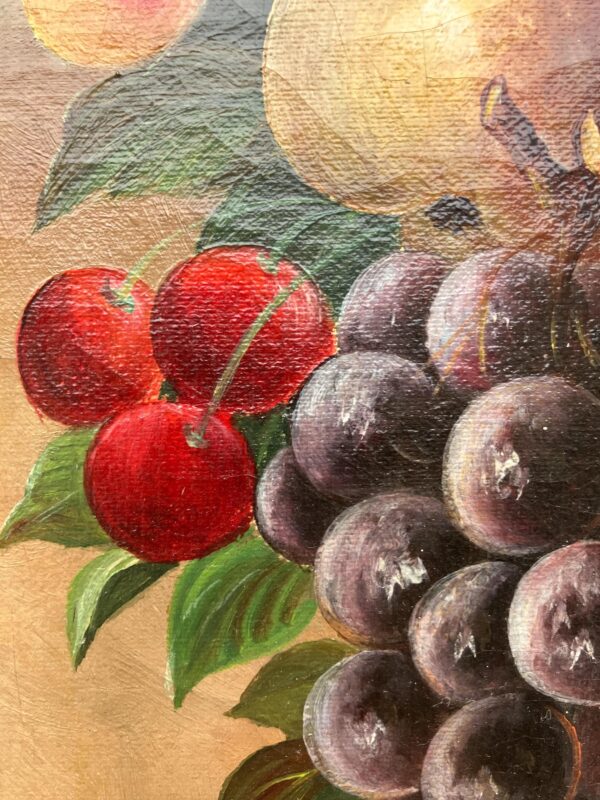 Antique European Fruit Still Life Oil Painting – Grapes, Pear, Cherries, Pineapple 1908