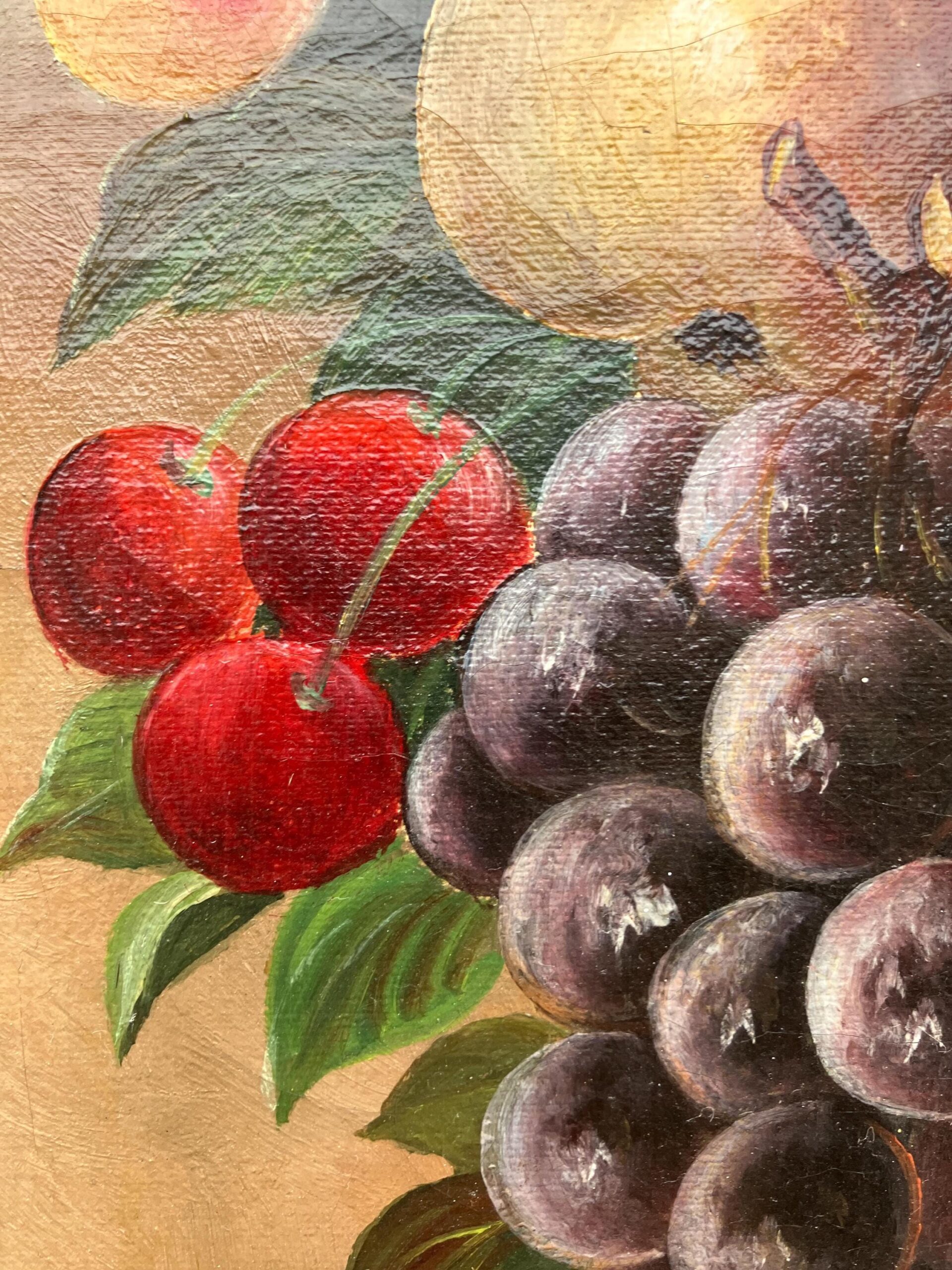Antique European Fruit Still Life Oil Painting – Grapes, Pear, Cherries, Pineapple 1908 - Image 8