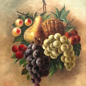 Antique European Fruit Still Life Oil Painting – Grapes, Pear, Cherries, Pineapple 1908 - Image 5