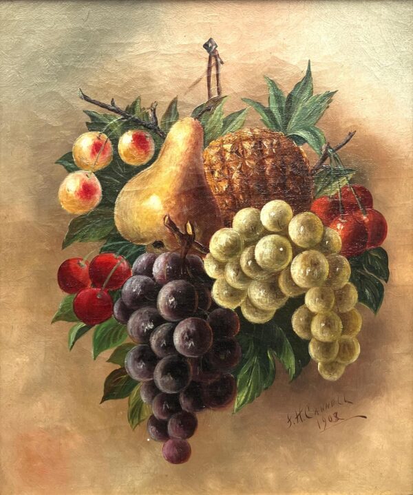 Antique European Fruit Still Life Oil Painting – Grapes, Pear, Cherries, Pineapple 1908