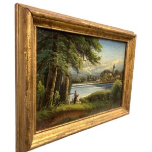 Antique European Lake Landscape Oil Painting – Romantic Village Scene 1894 - Image 8