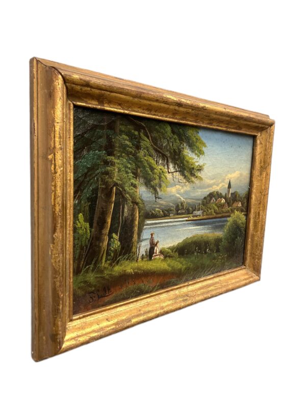 Antique European Lake Landscape Oil Painting – Romantic Village Scene 1894