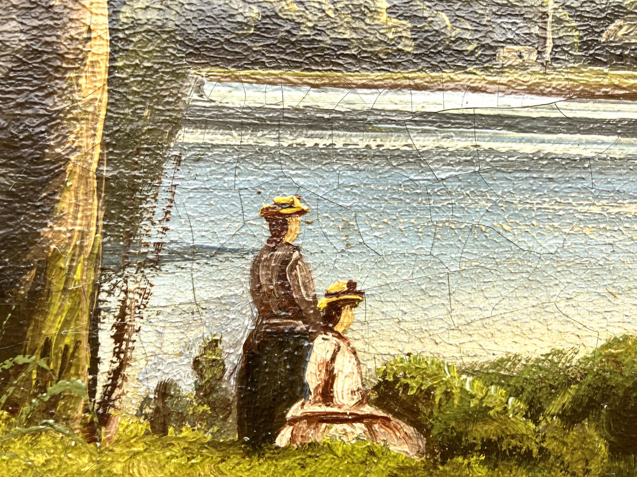 Antique European Lake Landscape Oil Painting – Romantic Village Scene 1894 - Image 7