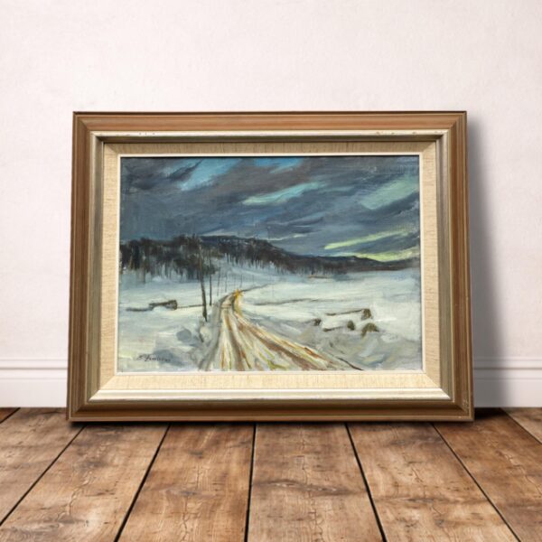 Scandinavian Winter Landscape, Vintage Oil Painting, Farmhouse Decor