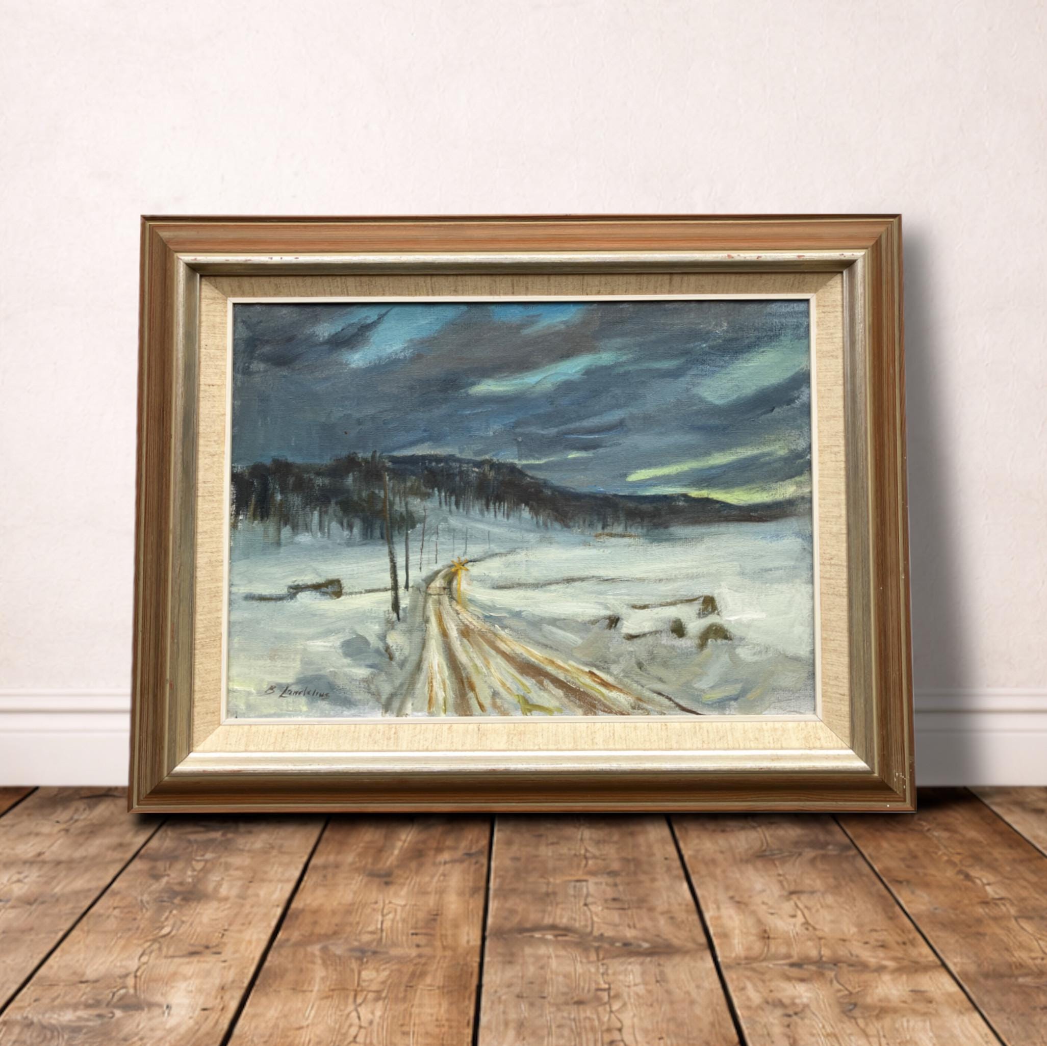 Scandinavian Winter Landscape, Vintage Oil Painting, Farmhouse Decor - Image 2