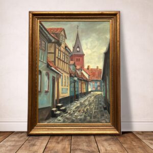 Large Danish Town Street Scene, Original Vintage Oil Painting, European Decor - Image 2
