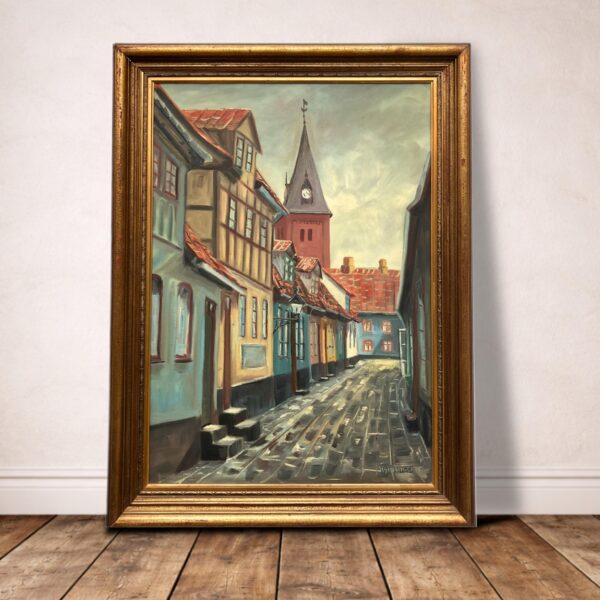Large Danish Town Street Scene, Original Vintage Oil Painting, European Decor
