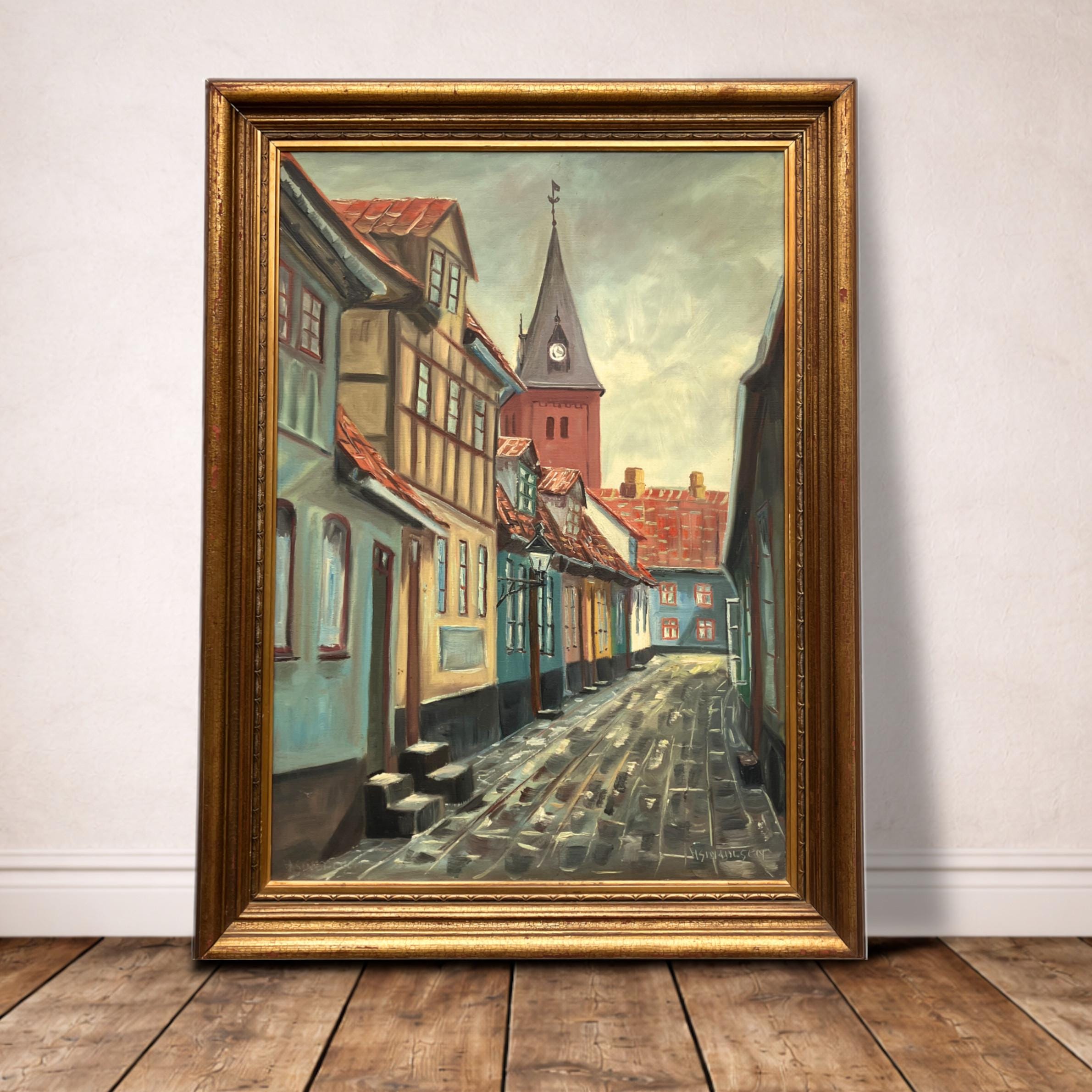 Large Danish Town Street Scene, Original Vintage Oil Painting, European Decor - Image 2