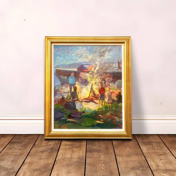 Nis Stougaard Coastal Bonfire Scene Oil Painting Mid-Century Danish Landscape