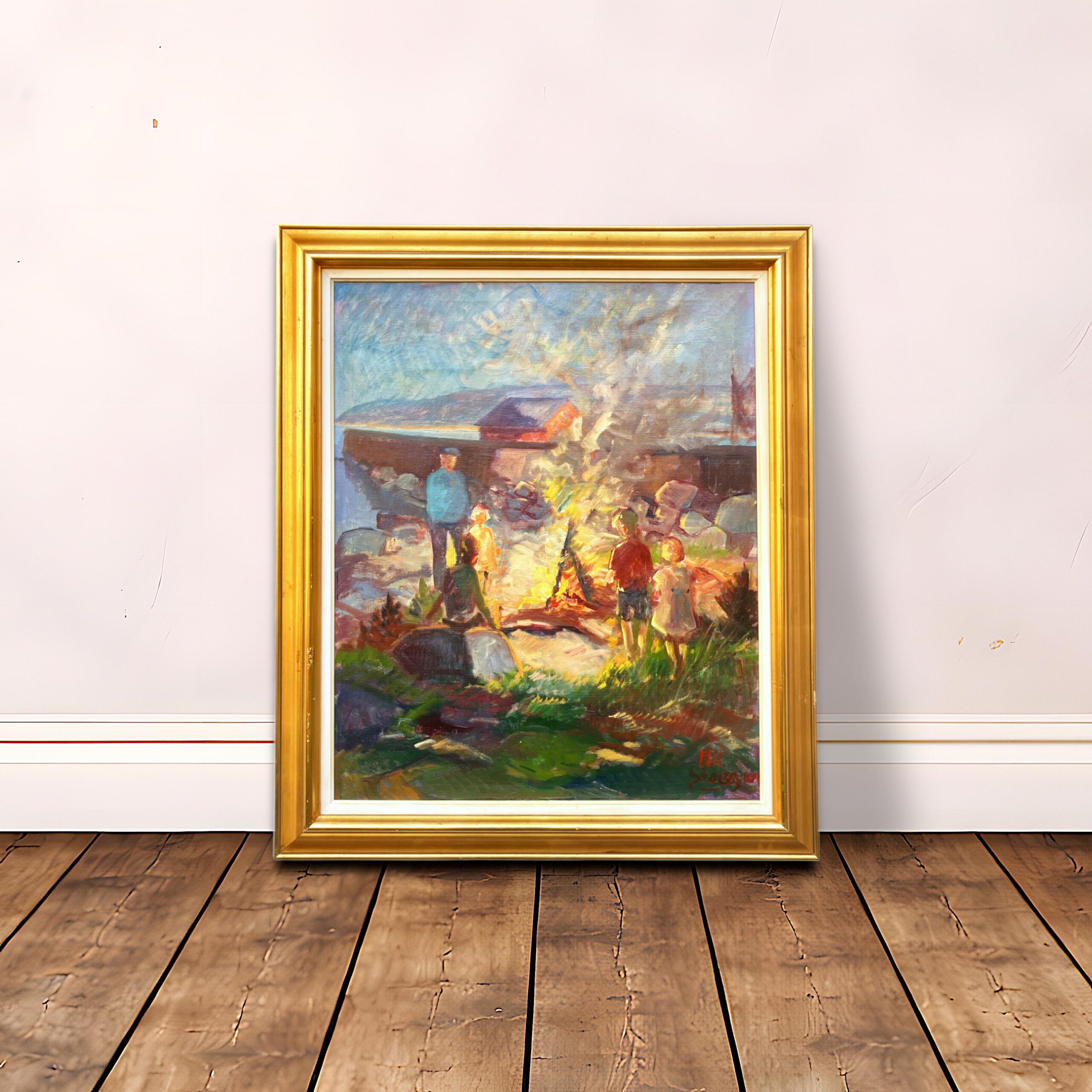 Nis Stougaard Coastal Bonfire Scene Oil Painting Mid-Century Danish Landscape - Image 2